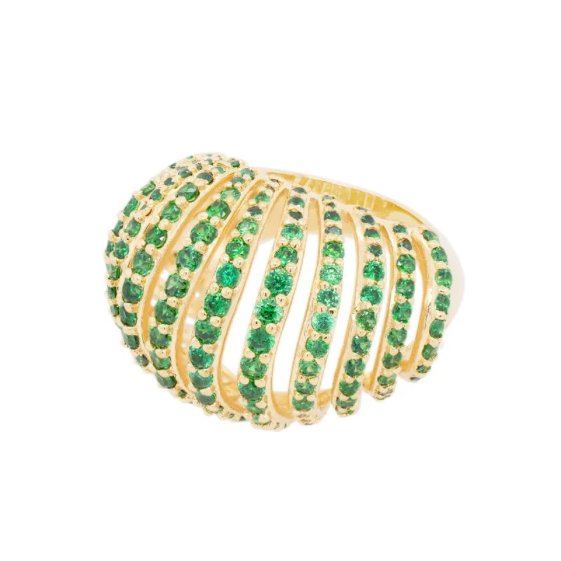 women’s radiant cut rings-Ribbed VOID 18K Gold Plated Ring w. Green Zirconias