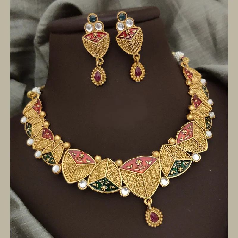 women’s eternity necklaces-FS Collection Gold Plated Pota Stone And Meenakari Necklace Set