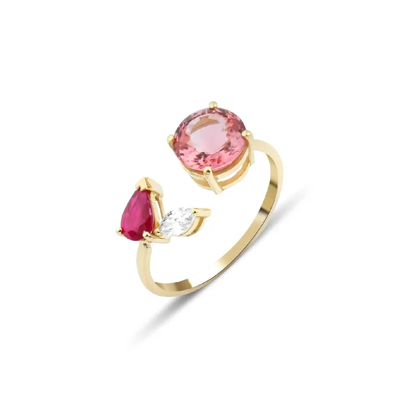 women’s rose gold rings-Artisia Leaf 18K Gold Ring w. Diamond, Ruby & Pink Tourmaline