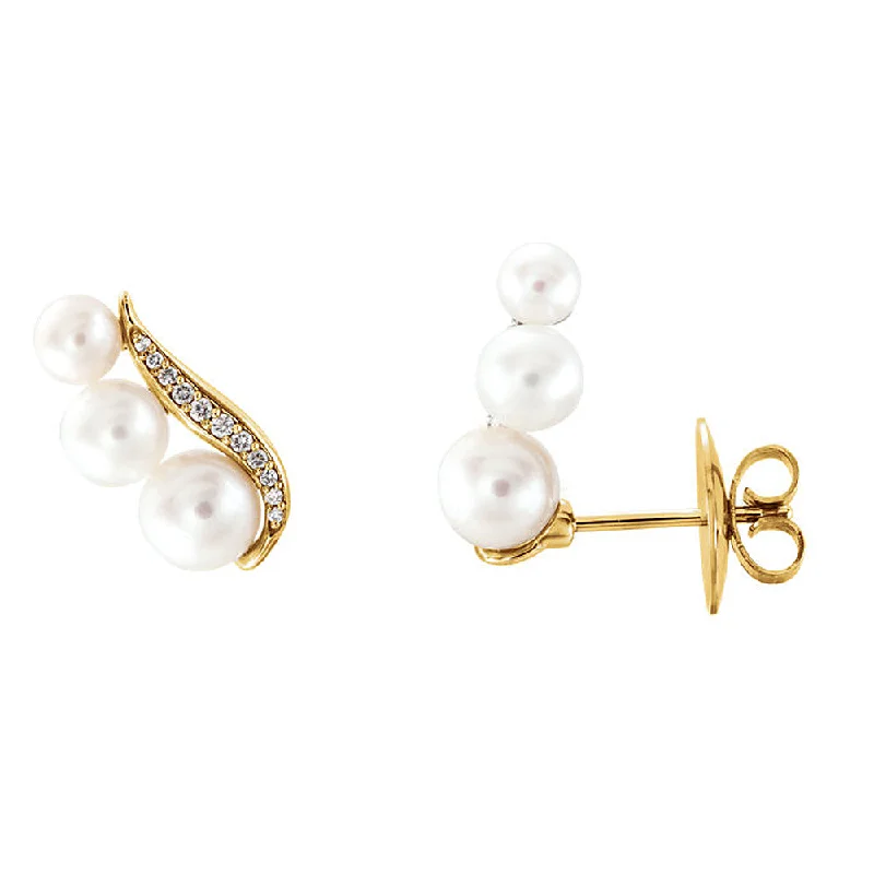 women's small hoop earrings-16mm 14k Yellow Gold FW Cultured Pearl & 1/10 CTW Diamond Ear Climbers