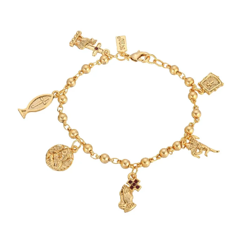 women's charm bracelets-Symbols Of Faith Gold Multi Charm Religious Bracelet