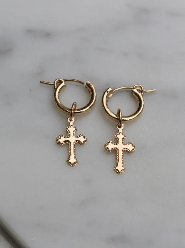 women's luxury earrings-Mini Baby Cross Hoops