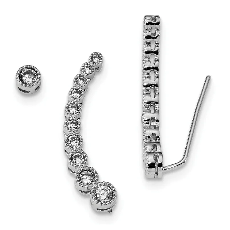 women's bridal earrings-CZ Rhodium-Plated Sterling Silver 1 Ear Climber & 1 - 5mm Stud Earring