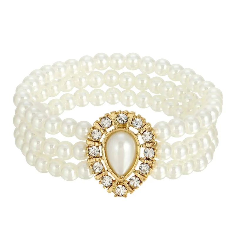 women's initial bracelets-1928 Jewelry Faux Pearl With Crystal 3-Row Stretch Bracelet