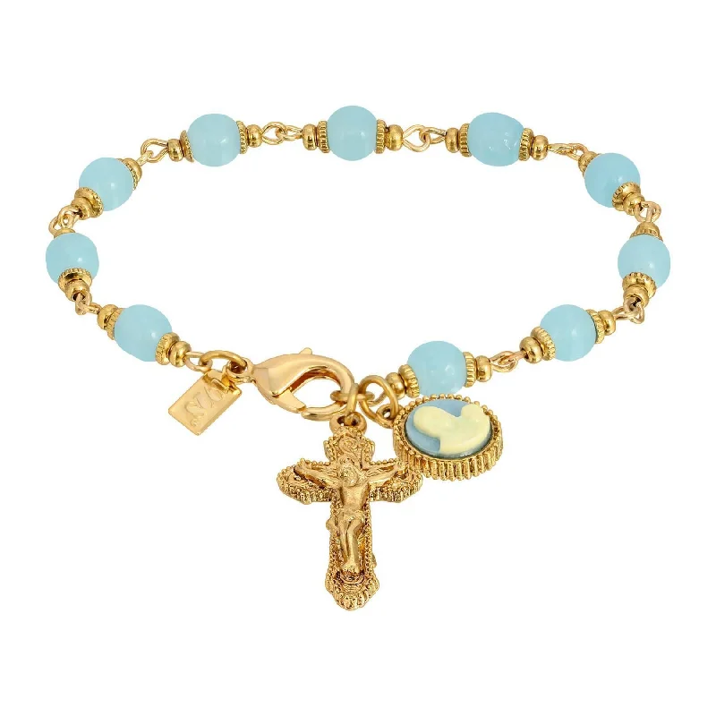 women's geometric bracelets-Symbols Of Faith Aqua Glass Chalcedony Baroque Crucifix & Mother And Child Cameo Link Bracelet