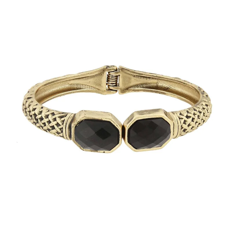 women's floral bracelets-2028 Jewelry Antiqued Textured Cuff Bracelet With Faceted Black Stones