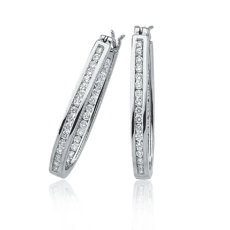 women's silver-plated earrings-1 Cttw, Channel Set Diamond Hoops - 14k White Gold