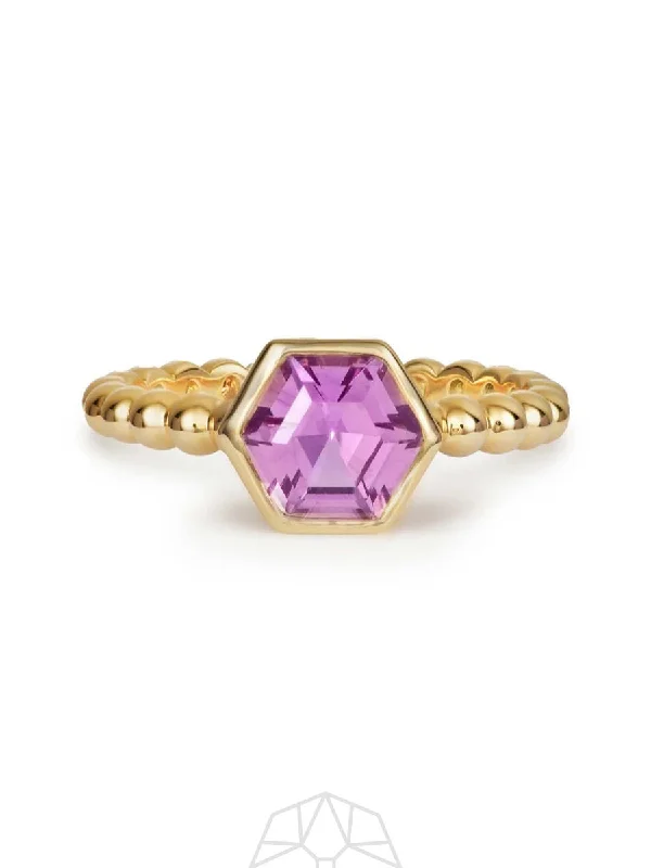 women’s gemstone rings-Pink Sapphire Hex 14K Gold Ring