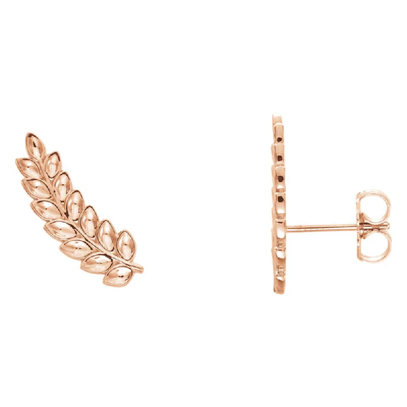 women's minimalist earrings-5.7mm x 16mm (5/8 Inch) 14k Rose Gold Petite Leaf Ear Climbers