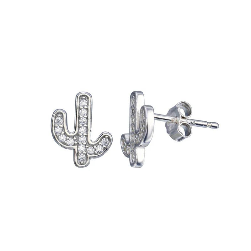 women's simple earrings-Rhodium Plated 925 Sterling Silver CZ Cactus Stud Earring