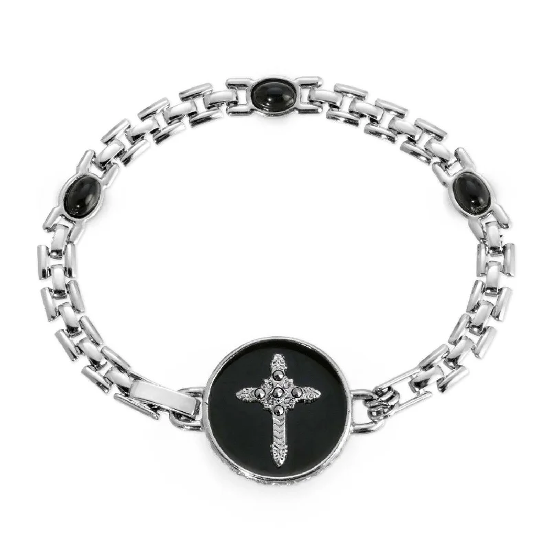 women's tourmaline bracelets-Symbols Of Faith Cross Black Enamel Circle Bracelet