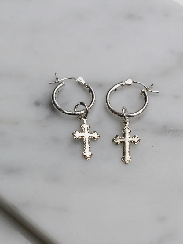 women's platinum earrings-Mini Baby Cross Hoops