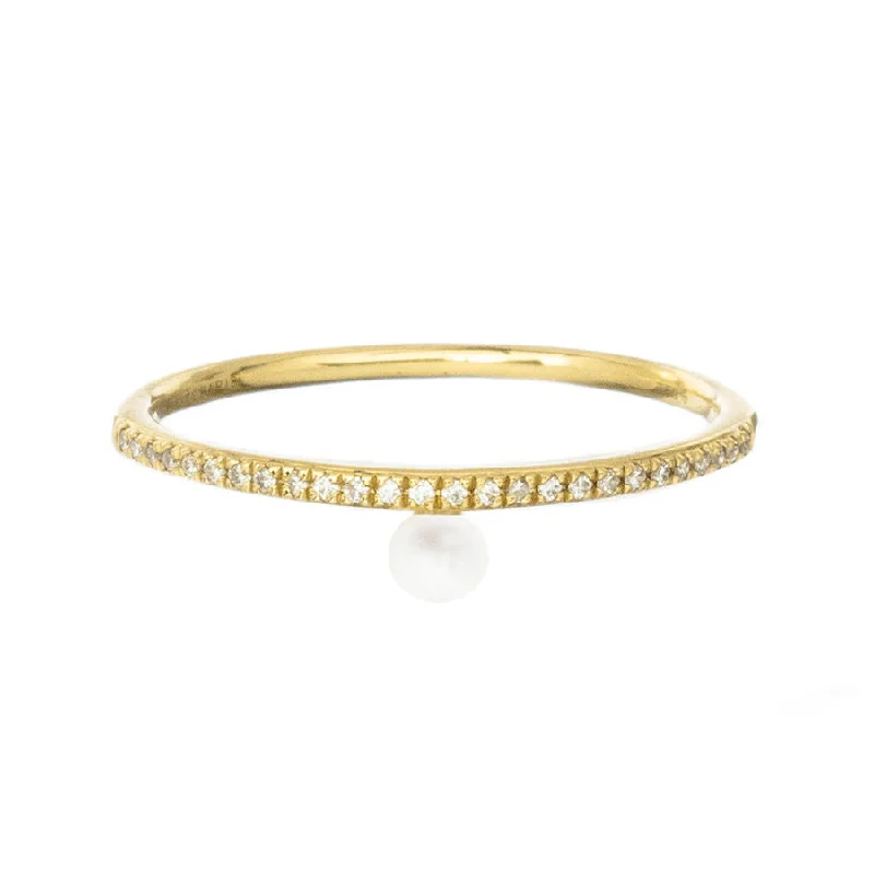 women’s antique rings-Aphrodite Hanging 18K Gold Ring w. Diamonds & Pearl