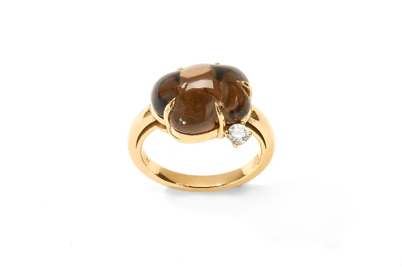 women’s personalized rings-Cloud 18K Gold Ring w. Smokey Quartz & Diamond