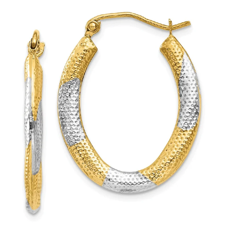 women's clip-on earrings-Textured Hollow Oval Hoops in 14k Yellow Gold and Rhodium