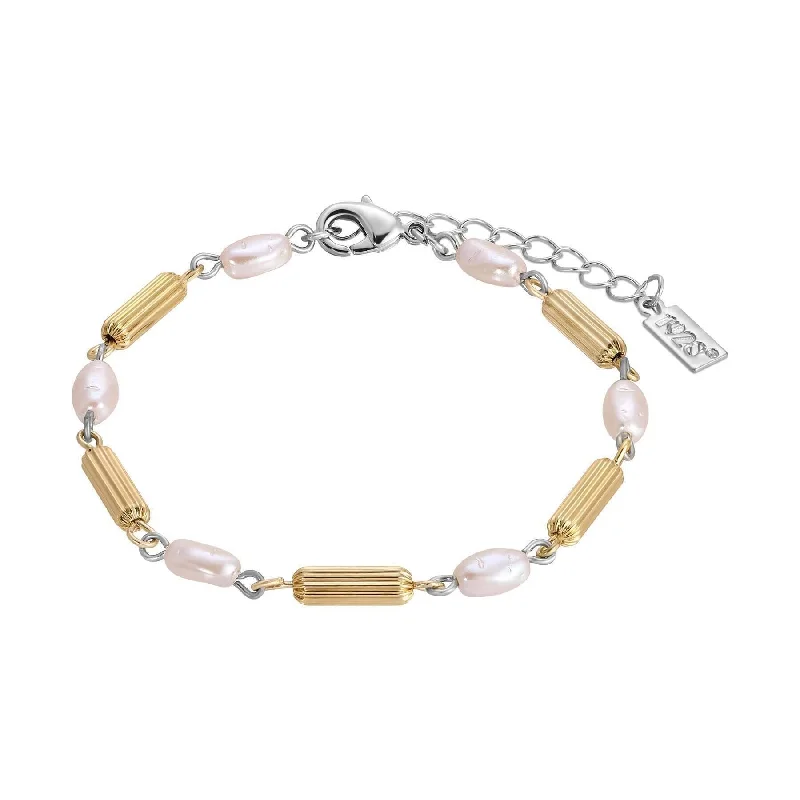 women's beaded bracelets-1928 Jewelry Faux Pearl Rice Bead & Cylindrical Gold Tone Bead Link Bracelet 7" + 1.5" Extension