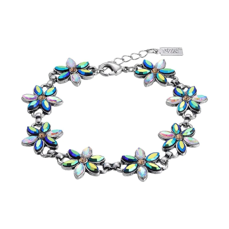 women's statement bracelets-1928 Jewelry Peacock Plumage Blue Iridescent AB Glass Flower Bracelet