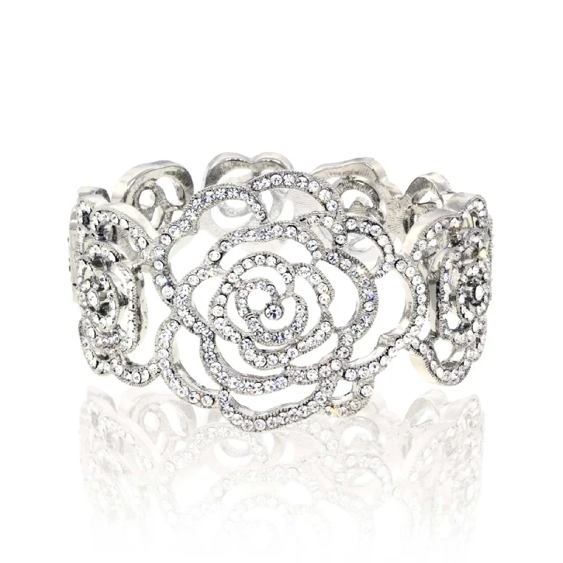 women's bohemian bracelets-1928 Jewelry 8 Embellished Rose European Crystal Magnetic Hinged Cuff Bracelet