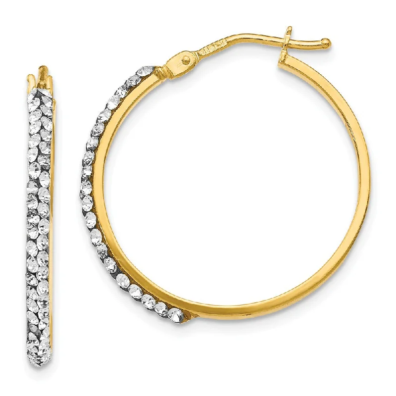 women's short earrings-2 x 25mm (1 Inch) 14k Yellow Gold with White Crystals Round Hoops