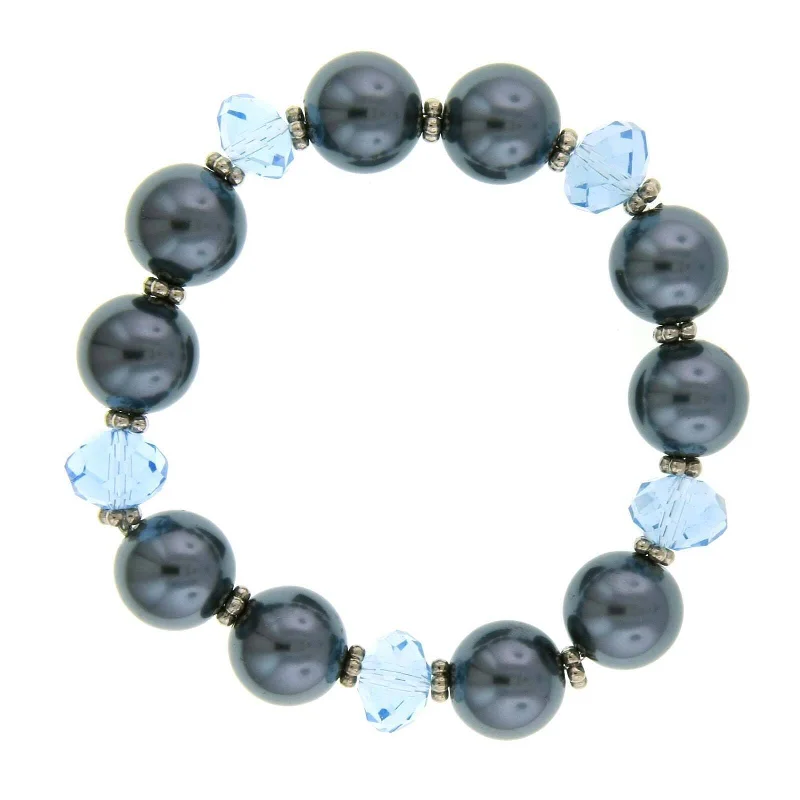 women's gemstone bracelets-1928 Jewelry Light Blue Glass Bead Hematite Faux Pearl Stretch Bracelet