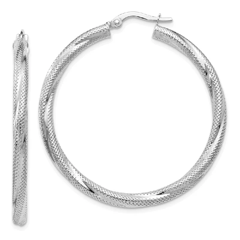 women's hoop earrings-3mm Twisted Textured Round Hoops in 10k White Gold, 40mm (1 1/2 Inch)