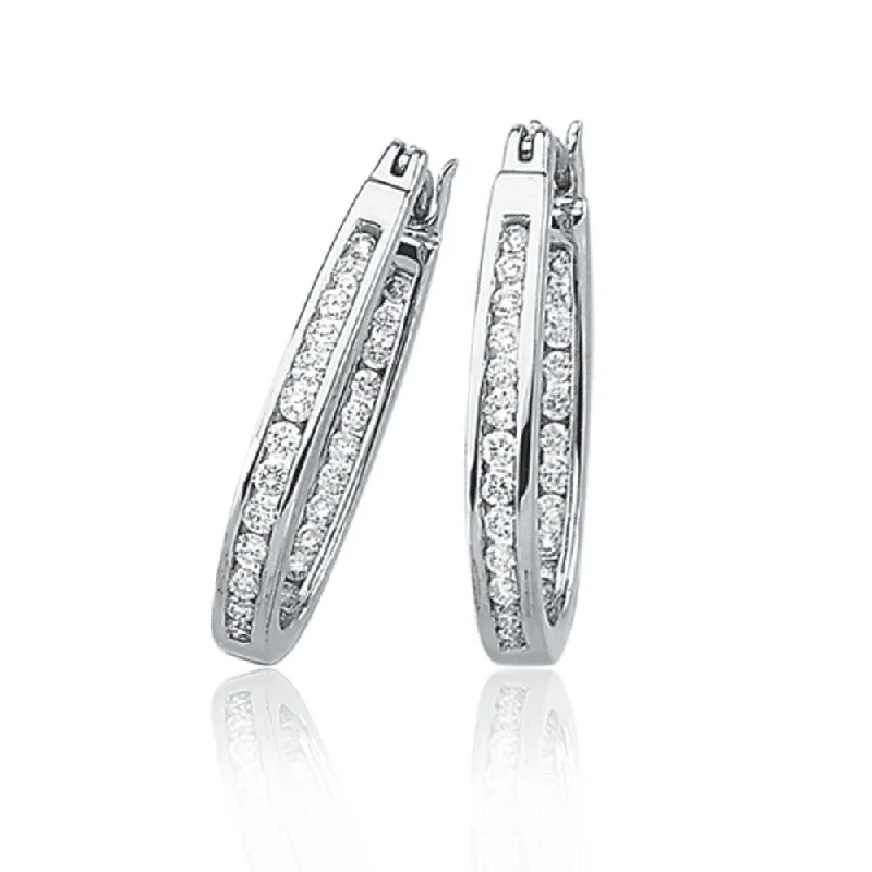 women's handcrafted earrings-1/2 Cttw, Channel Set Diamond Hoops - 14k White Gold