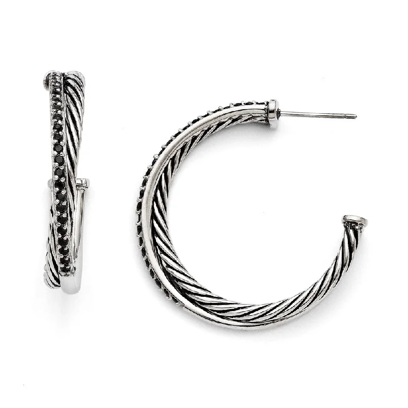 women's three-stone earrings-5mm Antiqued Twisted & Black CZ Hoops in Stainless Steel, 34mm