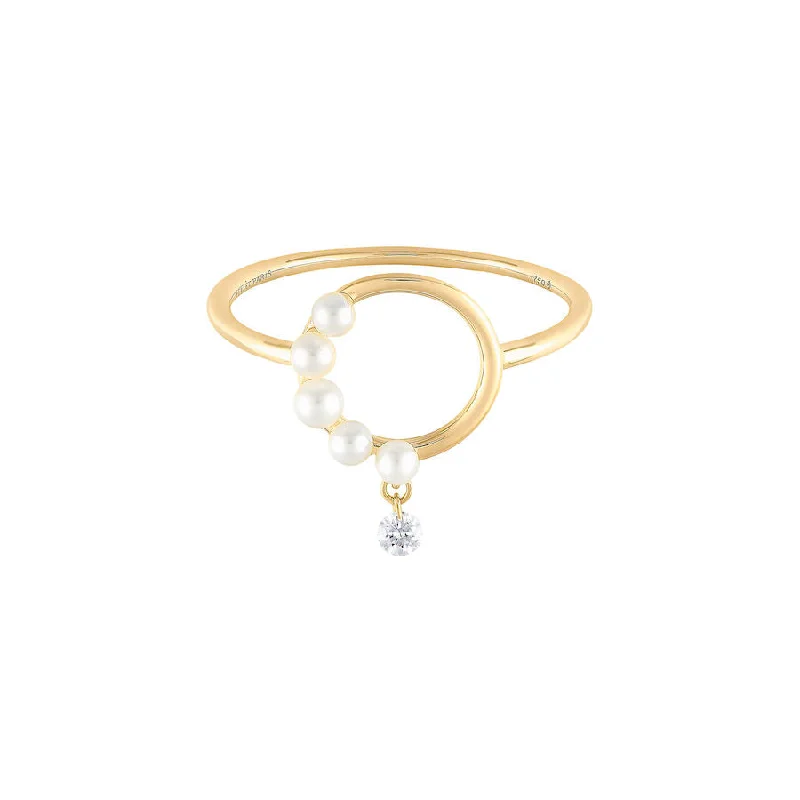 women’s stackable silver rings-Half Pearl Aphrodite 18K Gold Ring w. Diamond & Pearls