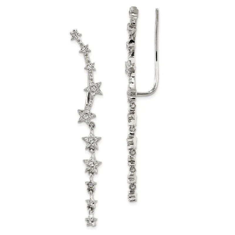 women's birthstone earrings-5 x 51mm Rhodium-Plated Sterling Silver Dangling CZ Stars Ear Climbers