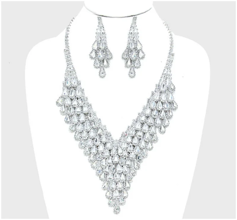 women’s silver charm necklaces-May Tear Drop Cluster Bib Necklace Set | Crystal