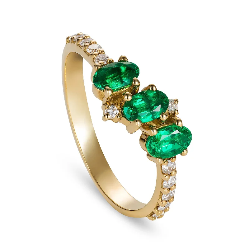 women’s multi-stone rings-Seraphina Trio 18K Gold Ring w. Emeralds & Diamonds